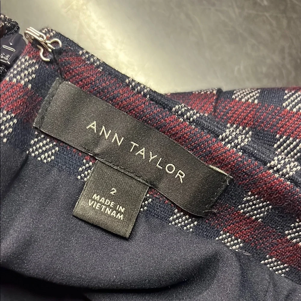 Ann Taylor Navy & Burgundy Plaid Ruffle Hem Pencil Skirt